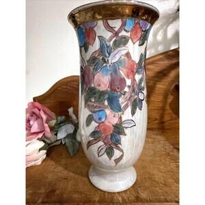 VTG Satsuma Style Opalescent Fruits & Berries Vase By Toyo Gold Trim Cottage